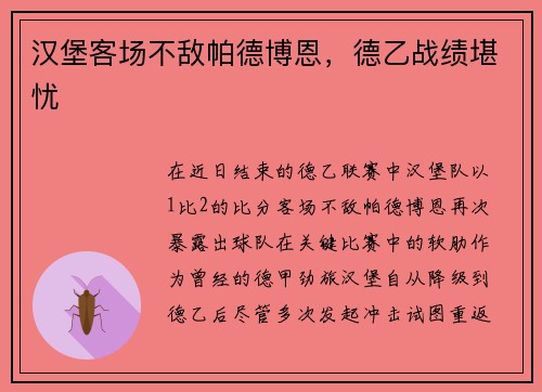 汉堡客场不敌帕德博恩，德乙战绩堪忧